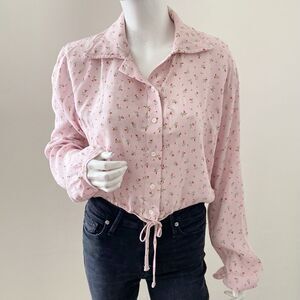 Brandy Melville Pink Tie Bottom Cropped Button Down Cherry Blossom Floral Print